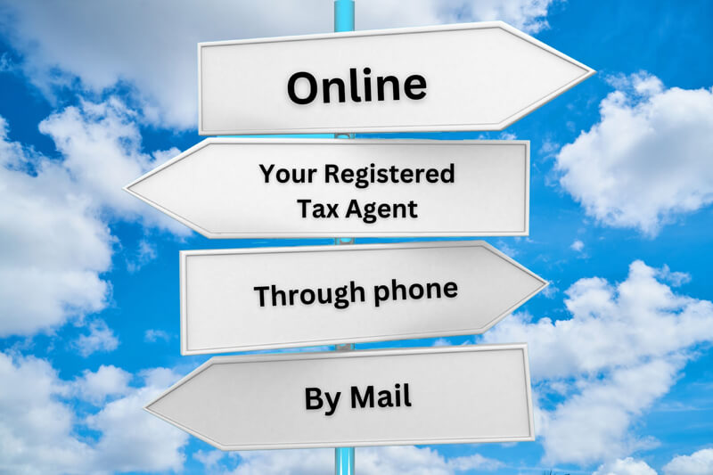 An image with different directional arrows pointing to the different ways to lodge the Business Activity Statement (BAS) - Online via the ATO's Business Portal, through a registered tax agent, over the phone using the ATO's automated voice system, and via mail by completing and sending a paper form to the ATO. These options are designed to make the BAS lodgment process more accessible and convenient for businesses.