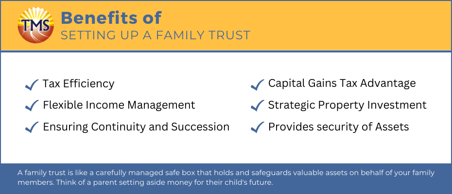 An infographic detailing the various benefits of setting up a family trust for financial well-being. Topics covered include Tax Efficiency, Wealth Protection, Flexible Income Management, Future Security, Strategic Property Investment, and Capital Gains Tax Advantages.